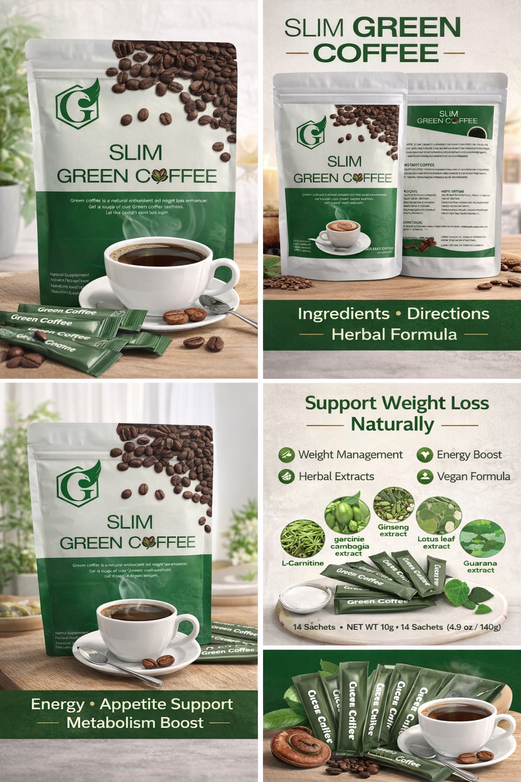 Slim Green Coffee Weight Loss Herbal Supplement | 14 Sachets | Energy Boost