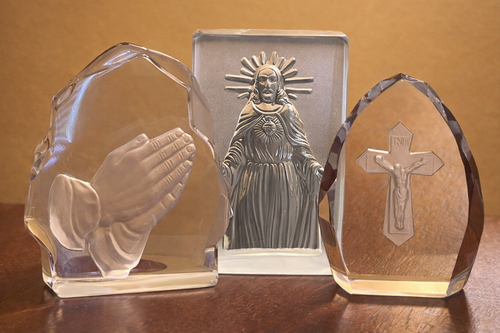 3 Pc Catholic RCIA OCIA Gift Set Vintage Glass Sacred Heart Praying Hands Crucifix