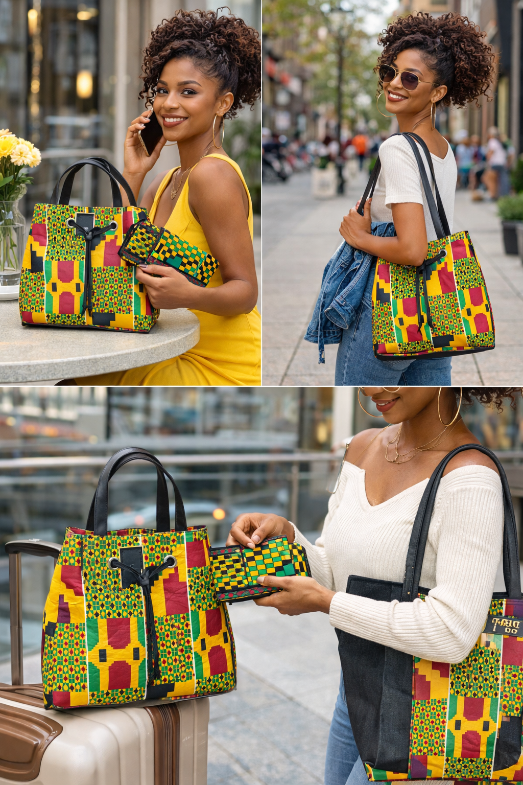 African Kente Print Bucket Shoulder Bag & Matching Wallet – Handmade Ankara Set