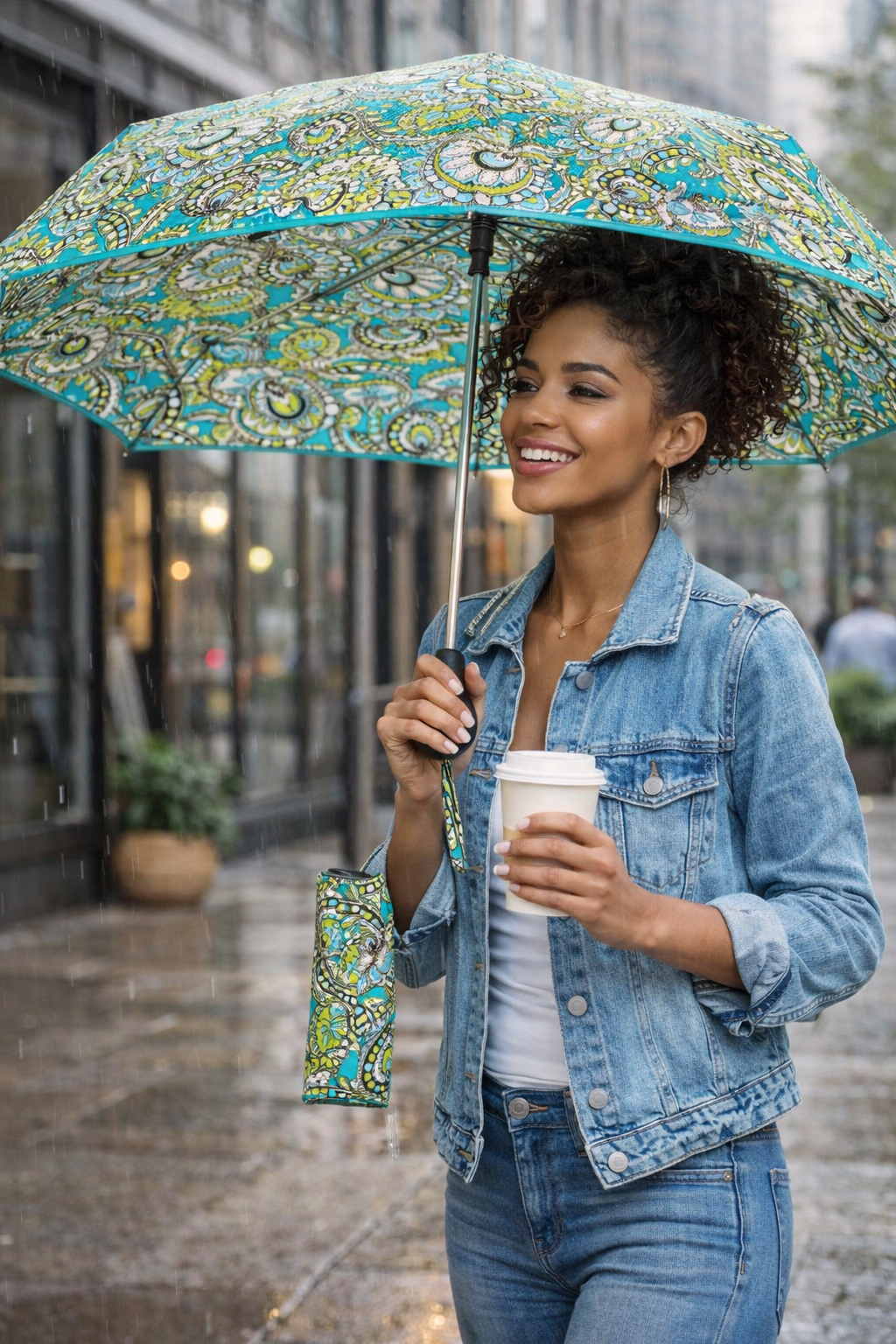 Vera Bradley Umbrella Auto Open Peacock Pattern Teal Blue Lime Compact Rain 38"