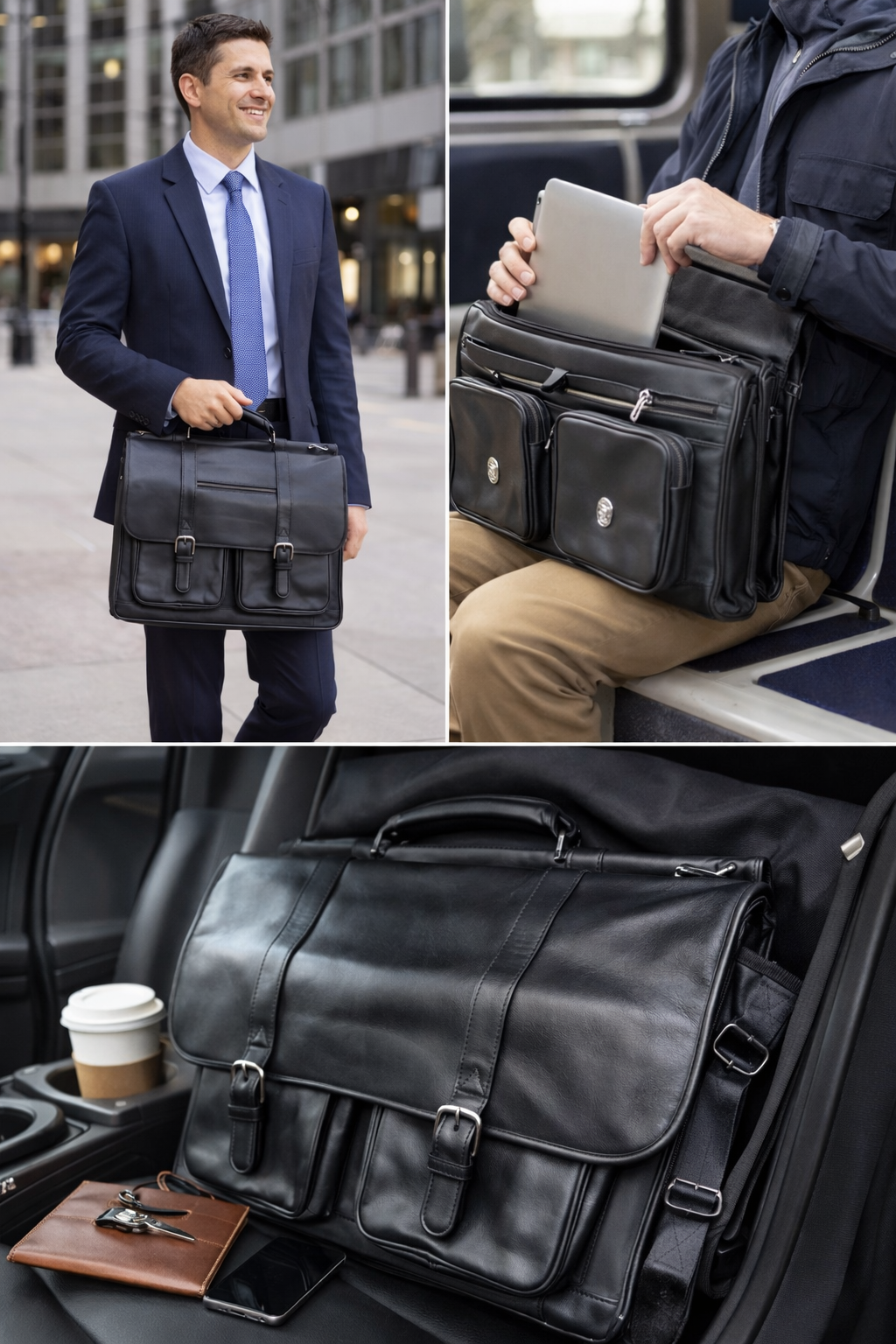 Kenneth Cole New York Large Black Leather Briefcase (Vintage Early 2000s)