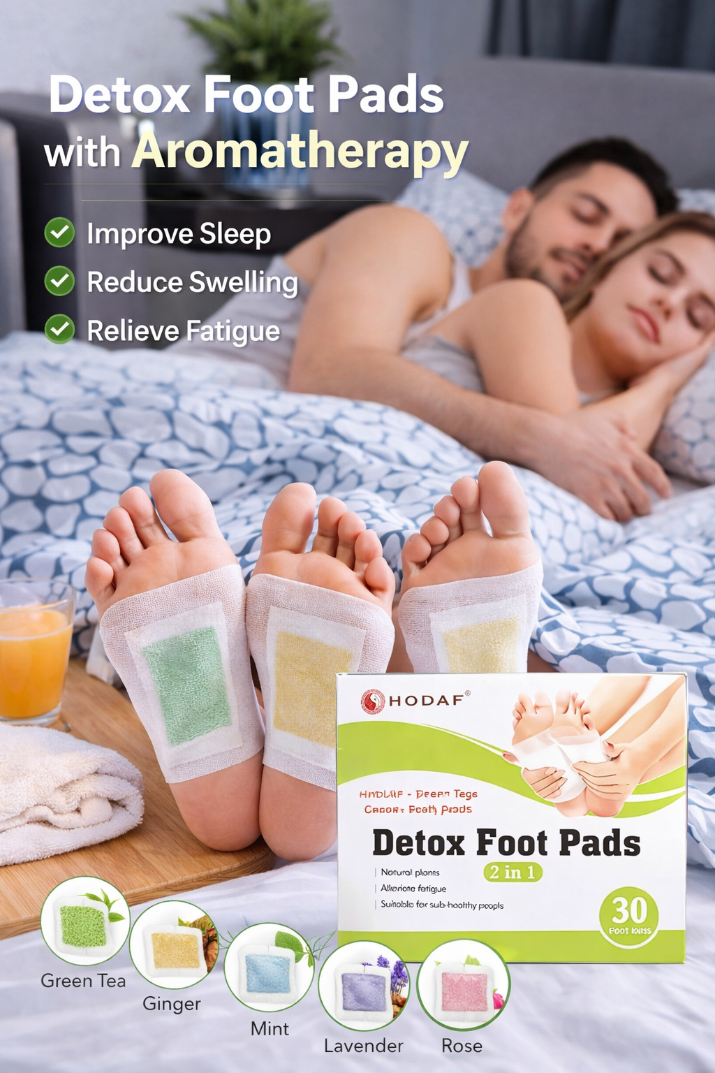 2-in-1 Natural Bamboo Vinegar Deep Cleansing Detox Foot Pads (5 Scents - 30 Pads/Box)