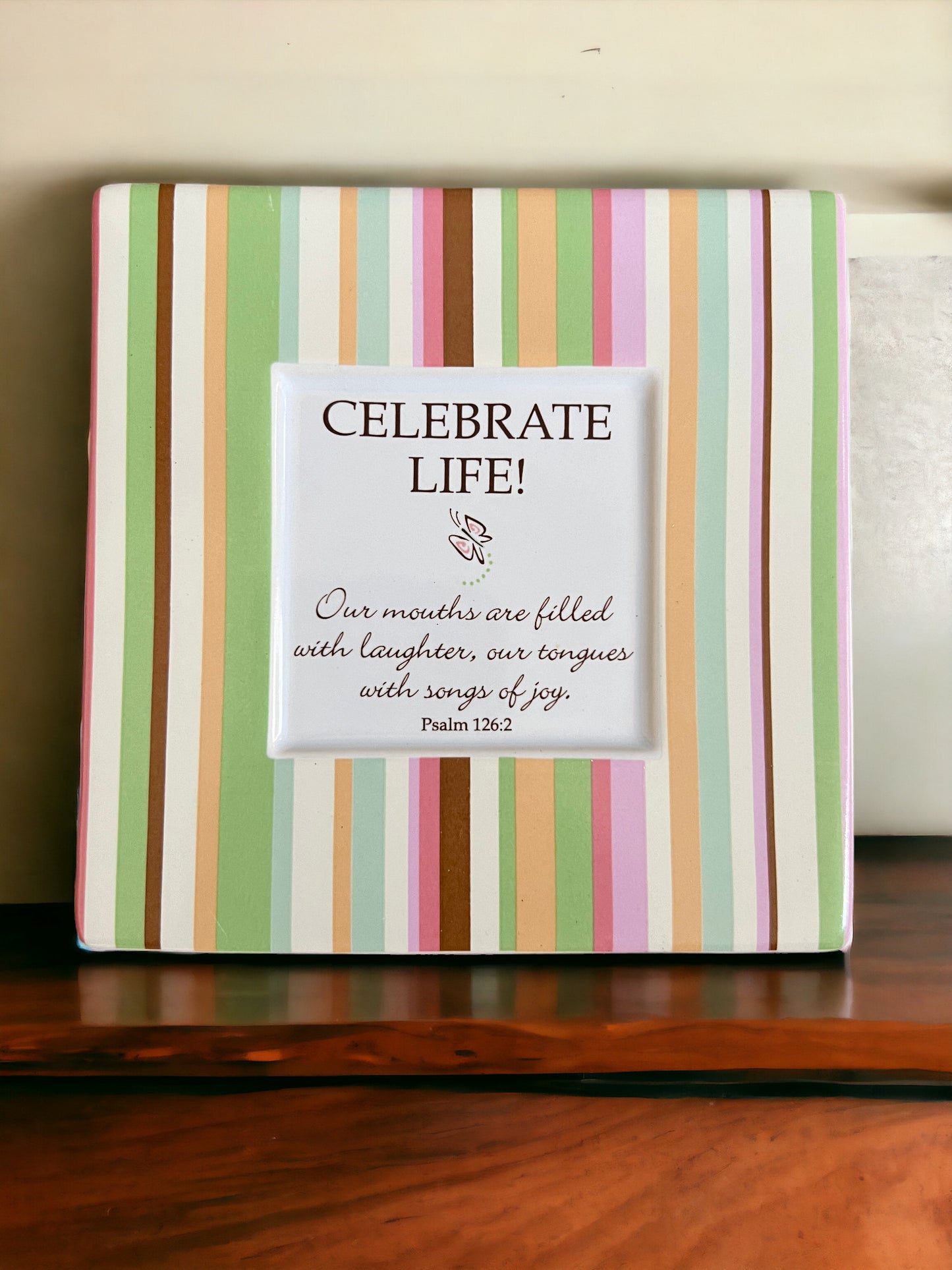 5x5 Ceramic Celebrate Life Psalm 126:2 Inspirational Table Plaque with Easel Bible Verse Plaque Decor for Countertop Tabletop Bookshelf Desk Mantle