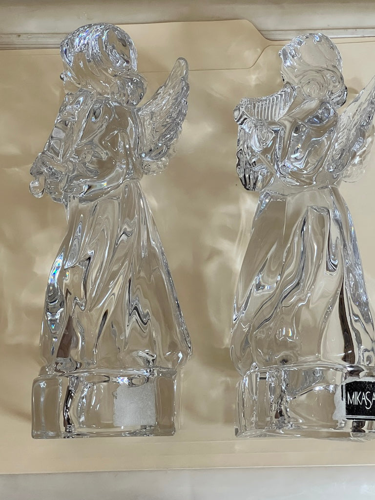 Mikasa Herald Collection Lead Crystal Angel Figurines - Angelic Harp & Violin Set, German Crafted 8" Clear Christmas Angels, Heavy Tabletop Decor