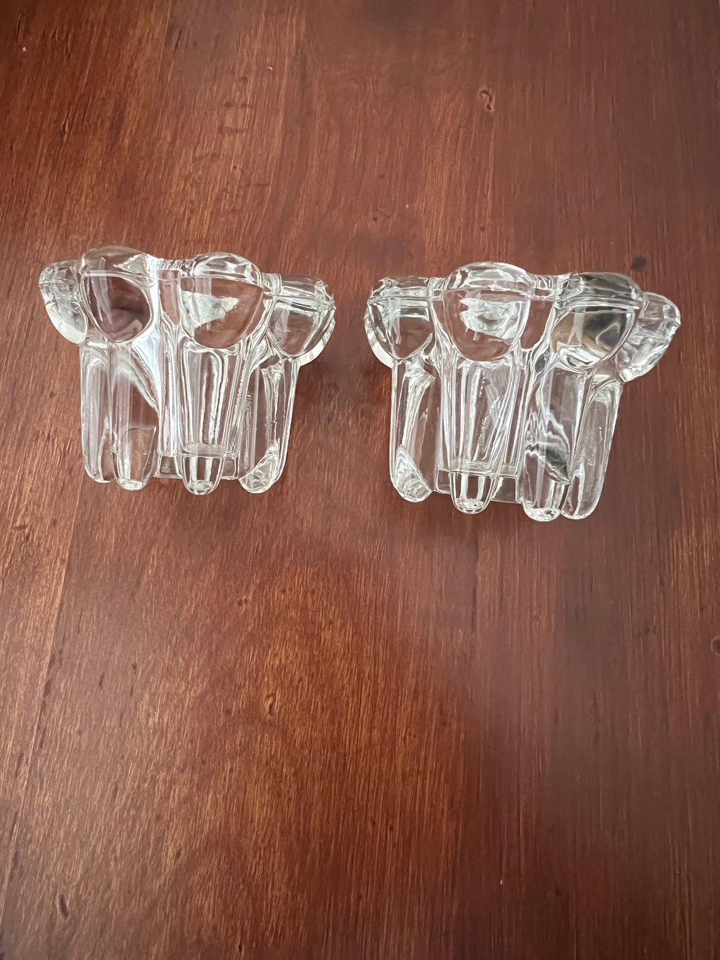 Set of 2 Vintage KIG Indonesia Pressed Glass Taper Candle Holders - Clear Ribbed Flower Design