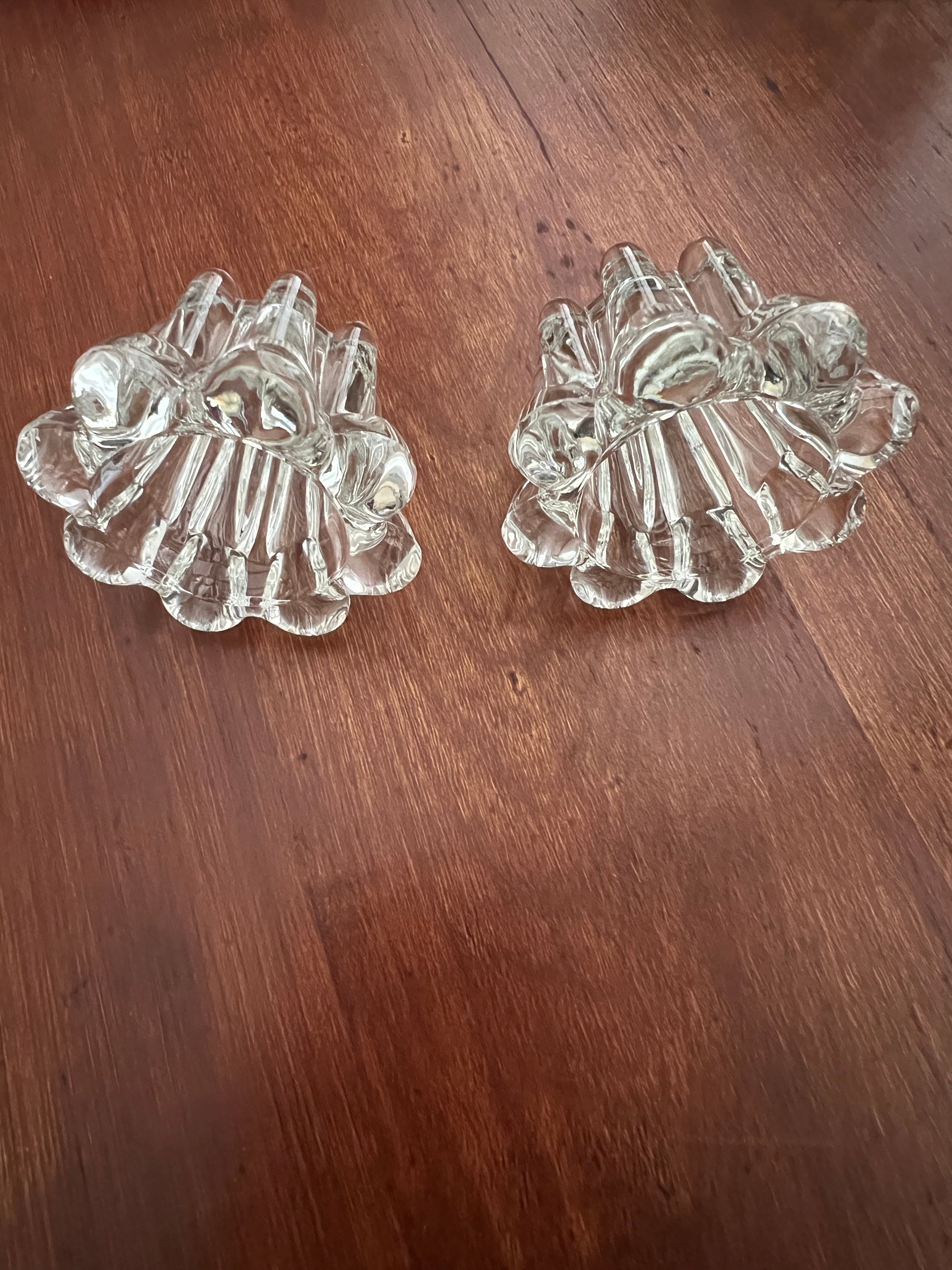 Set of 2 Vintage KIG Indonesia Pressed Glass Taper Candle Holders - Clear Ribbed Flower Design