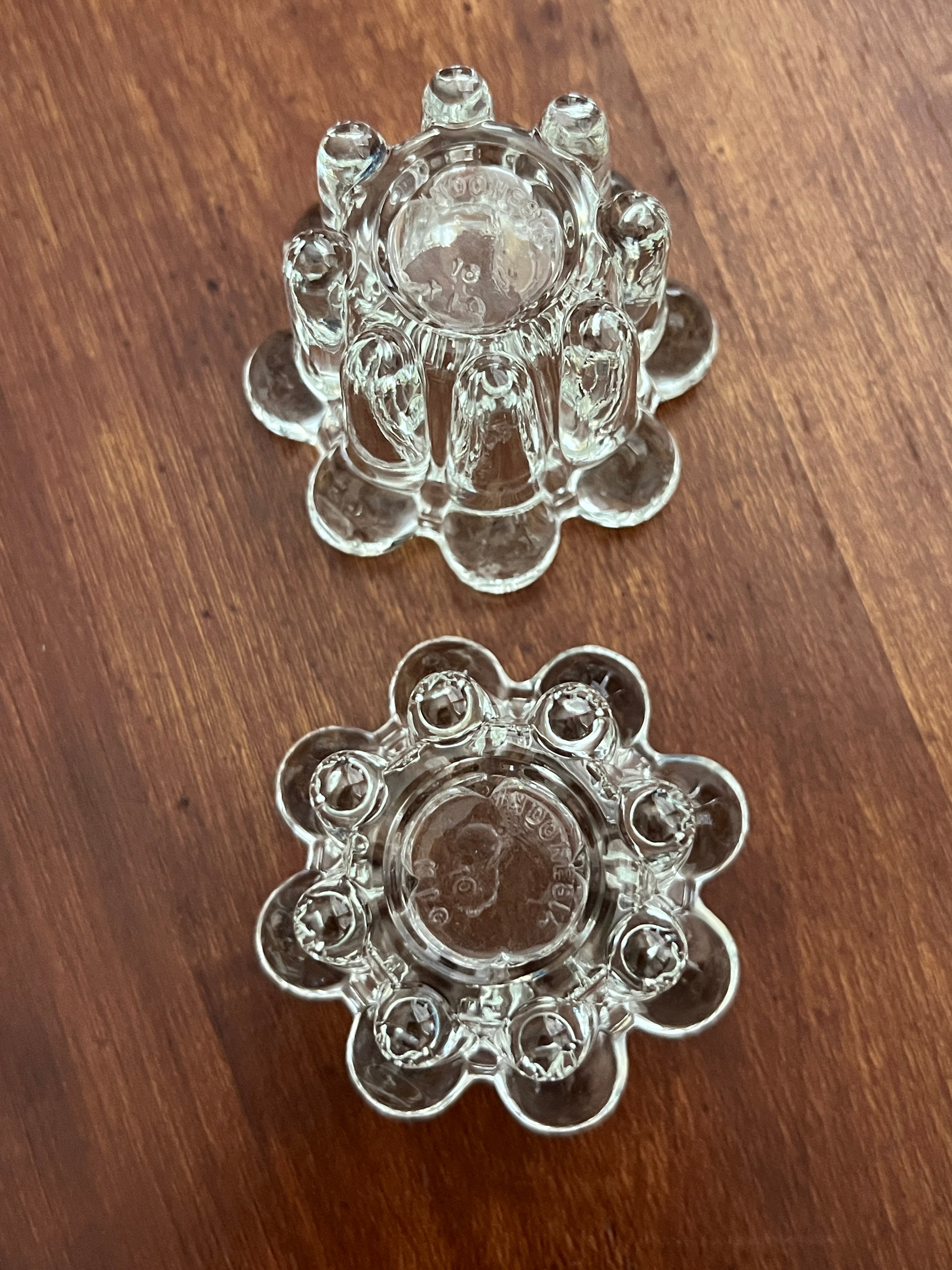 Set of 2 Vintage KIG Indonesia Pressed Glass Taper Candle Holders - Clear Ribbed Flower Design