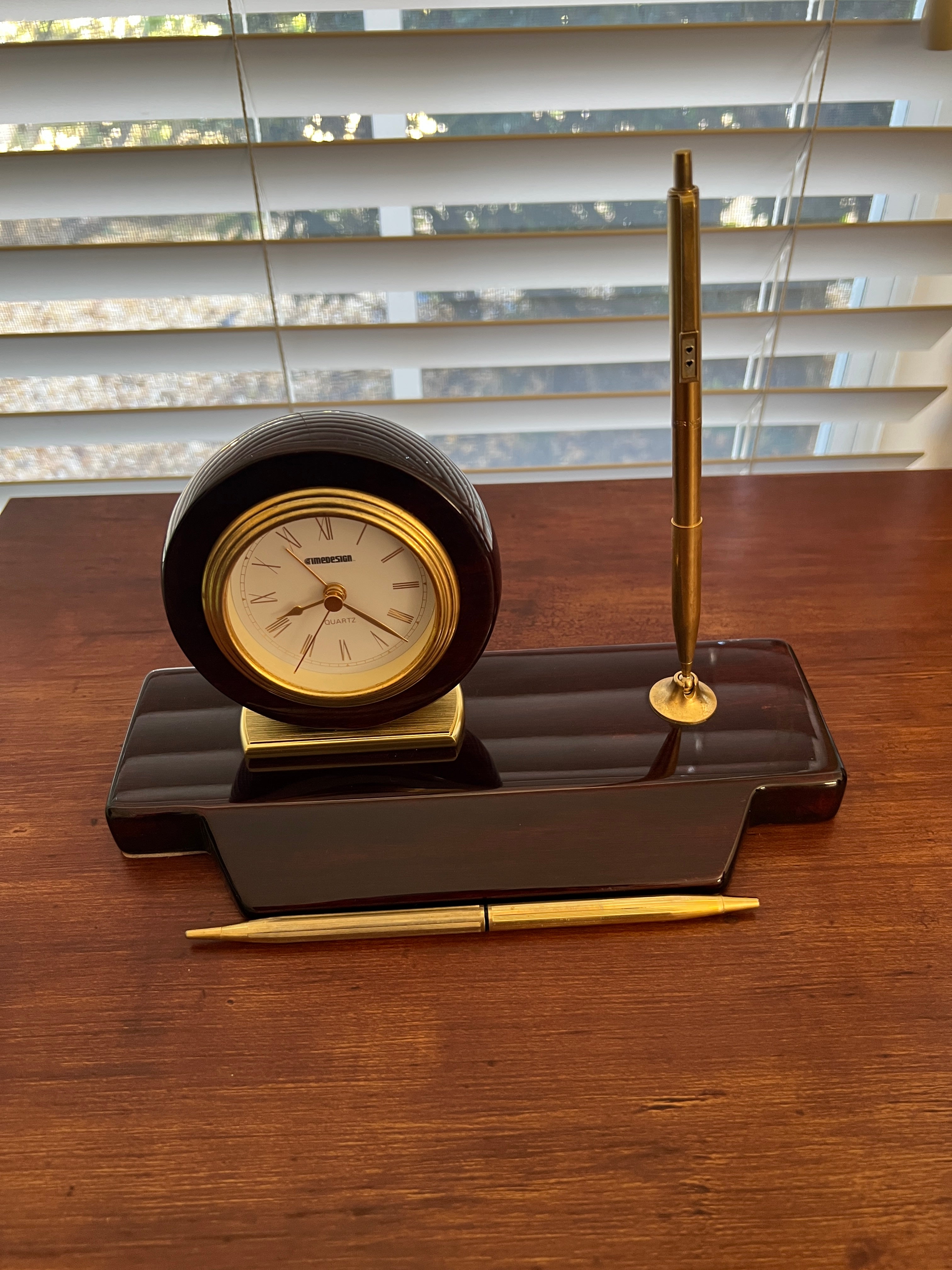 Elegant Executive: Vintage Timedesign Mahogany & Brass Desk Clock and Pen Set