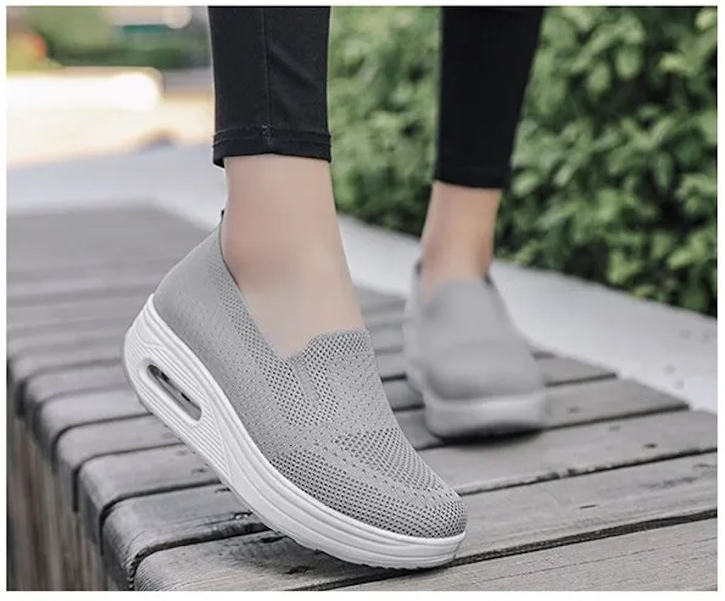 Women’s Walking Shoes - Mesh Air Cushion Slip-On Platform Wedge Rocker Shoes, Gray, Size 9.5