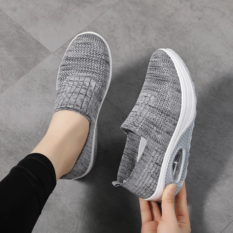 Women’s Walking Shoes - Mesh Air Cushion Slip-On Platform Wedge Rocker Shoes, Gray, Size 9.5