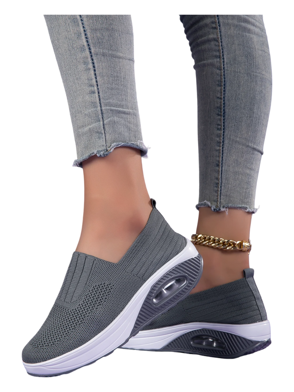Women’s Walking Shoes - Mesh Air Cushion Slip-On Platform Wedge Rocker Shoes, Gray, Size 9.5