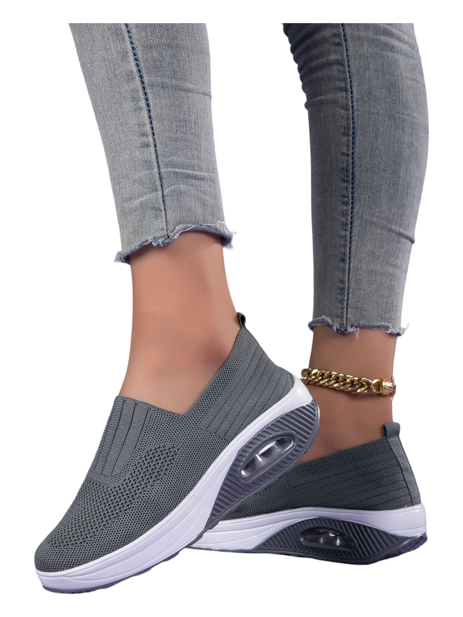 Women’s Walking Shoes - Mesh Air Cushion Slip-On Platform Wedge Rocker Shoes, Gray, Size 9.5