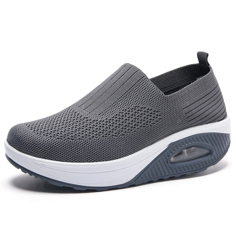 Women’s Walking Shoes - Mesh Air Cushion Slip-On Platform Wedge Rocker Shoes, Gray, Size 9.5
