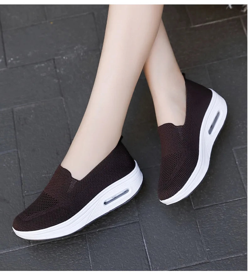 Women’s Walking Shoes - Mesh Air Cushion Slip-On Platform Wedge Rocker Shoes, Brown, Size 9.5