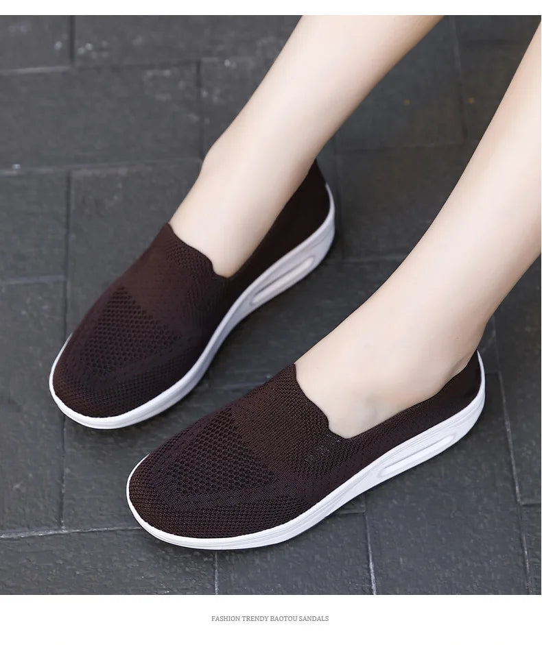 Women’s Walking Shoes - Mesh Air Cushion Slip-On Platform Wedge Rocker Shoes, Brown, Size 9.5