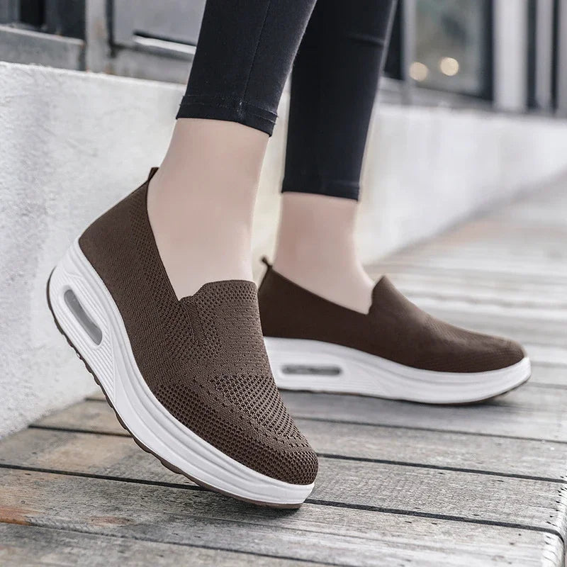 Women’s Walking Shoes - Mesh Air Cushion Slip-On Platform Wedge Rocker Shoes, Brown, Size 9.5