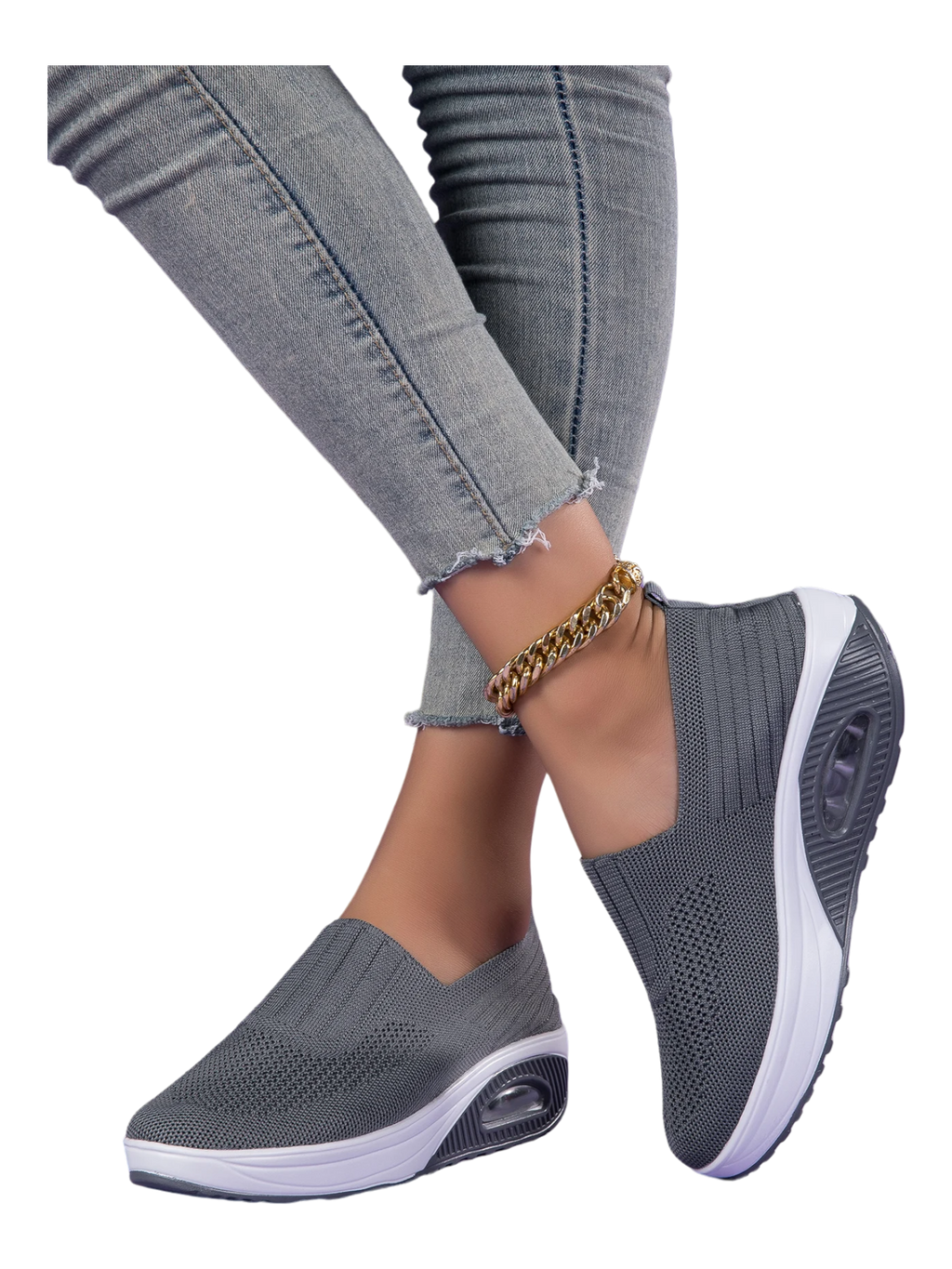 Women’s Walking Shoes - Mesh Air Cushion Slip-On Platform Wedge Rocker Shoes, Gray, Size 9.5