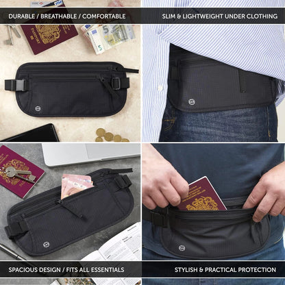 Travel Money Belt - Slim Passport Holder Secure Hidden Travel Pouch with RFID Blocking, Travel Wallet Fanny Pack Belt Bag – Black