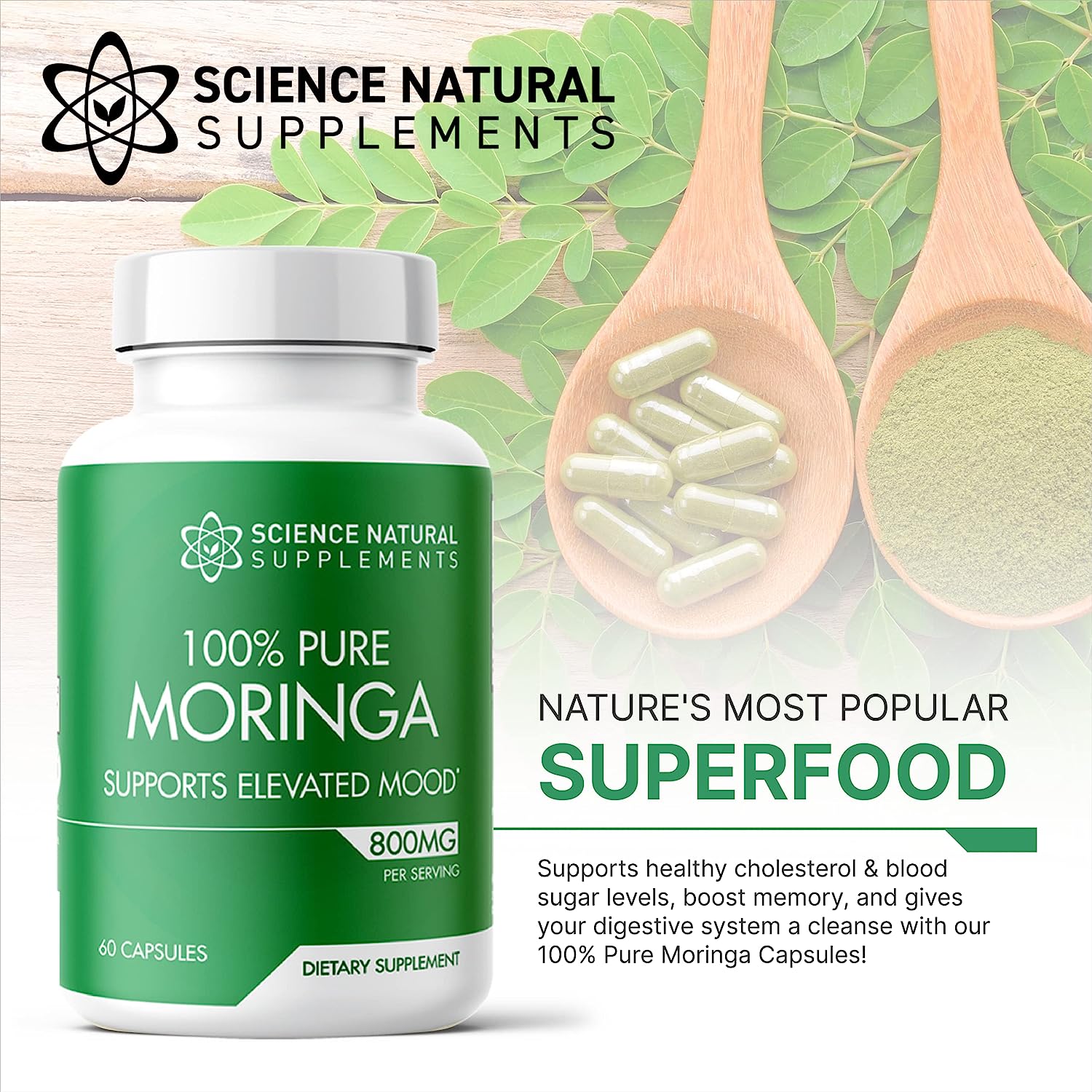 Science Natural Supplements 100% Pure 800mg Moringa Capsules (60 Count)