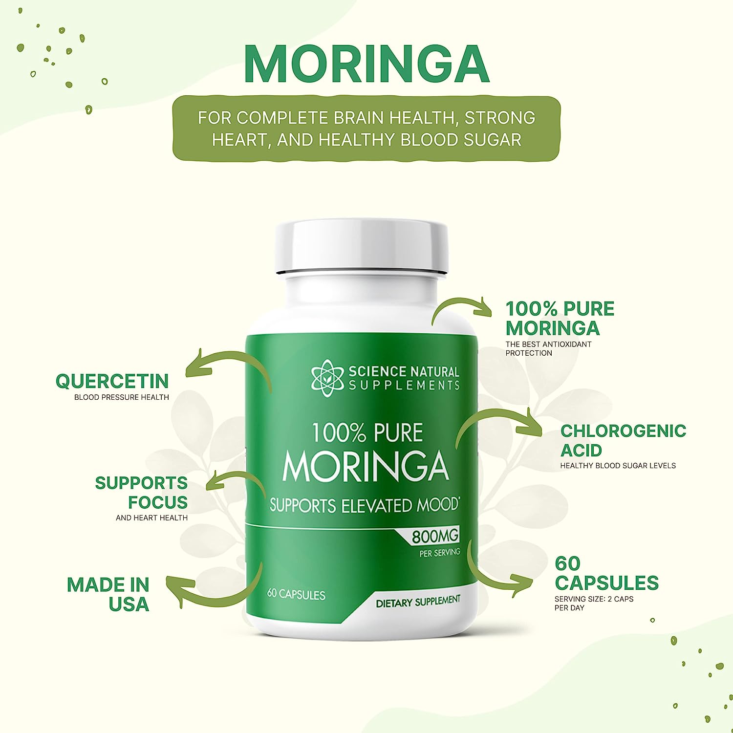 Science Natural Supplements 100% Pure 800mg Moringa Capsules (60 Count)