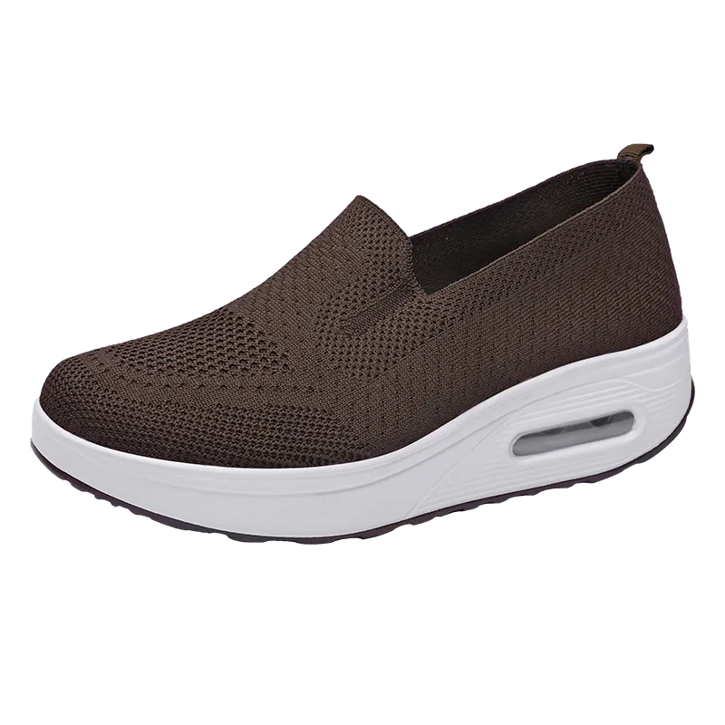 Women’s Walking Shoes - Mesh Air Cushion Slip-On Platform Wedge Rocker Shoes, Brown, Size 9.5