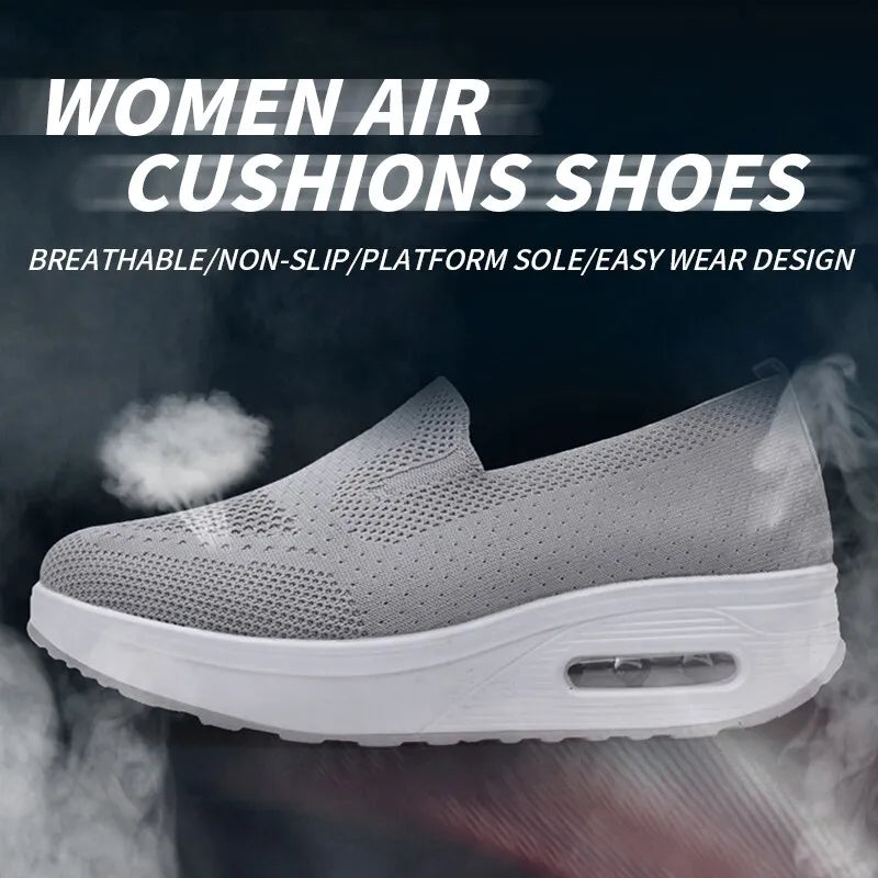 Women’s Walking Shoes - Mesh Air Cushion Slip-On Platform Wedge Rocker Shoes, Gray, Size 9.5
