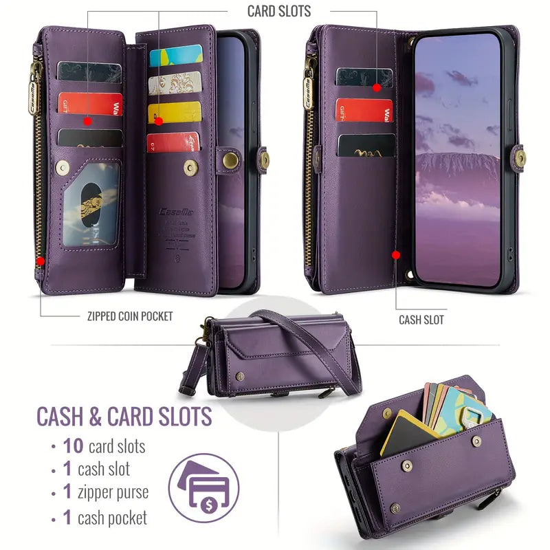 RFID Blocking Crossbody Wallet Phone Case for iPhone 15/14/13/12 Pro, 11/12/13/14/15/16e/XR | Wireless Charging Flip PU Leather Kickstand Card Holder