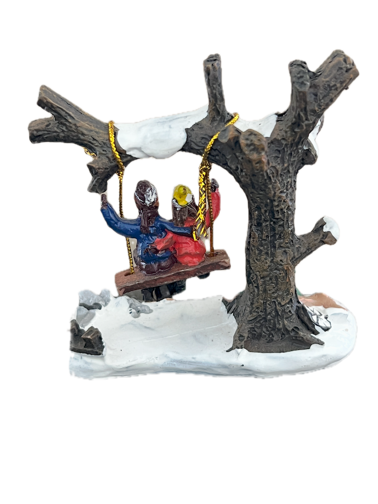 Enchanting Vintage Miniature: Boy & Girl on a Swing in the Snow - Christmas Village Decoration