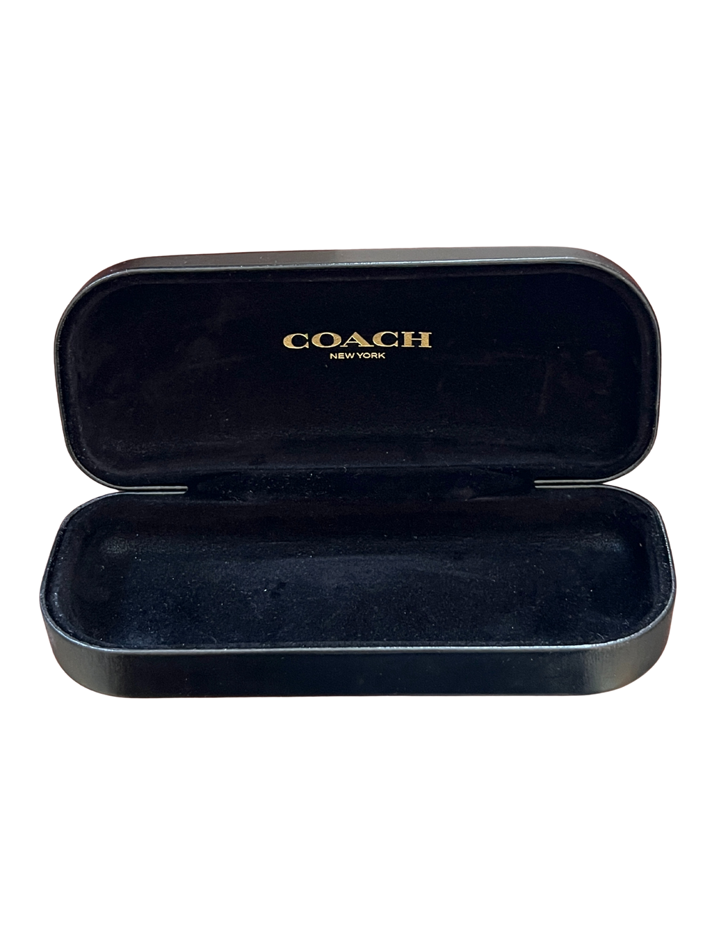 Authentic COACH Glasses Case Hard Shell w/ Sealed Cleaning Cloth – Black Leather-Like Exterior, Velvet Interior
