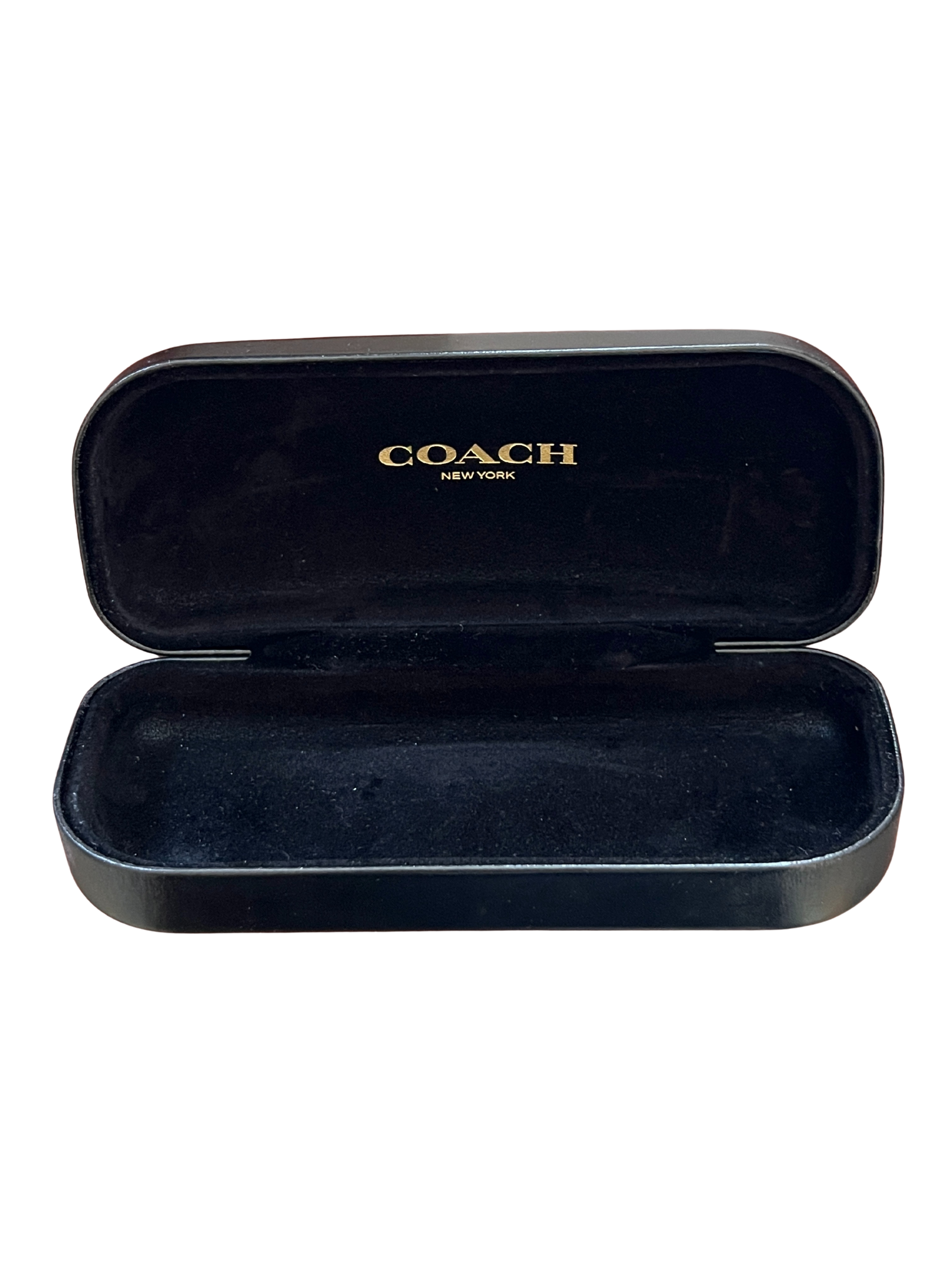 Authentic COACH Glasses Case Hard Shell w/ Sealed Cleaning Cloth – Black Leather-Like Exterior, Velvet Interior
