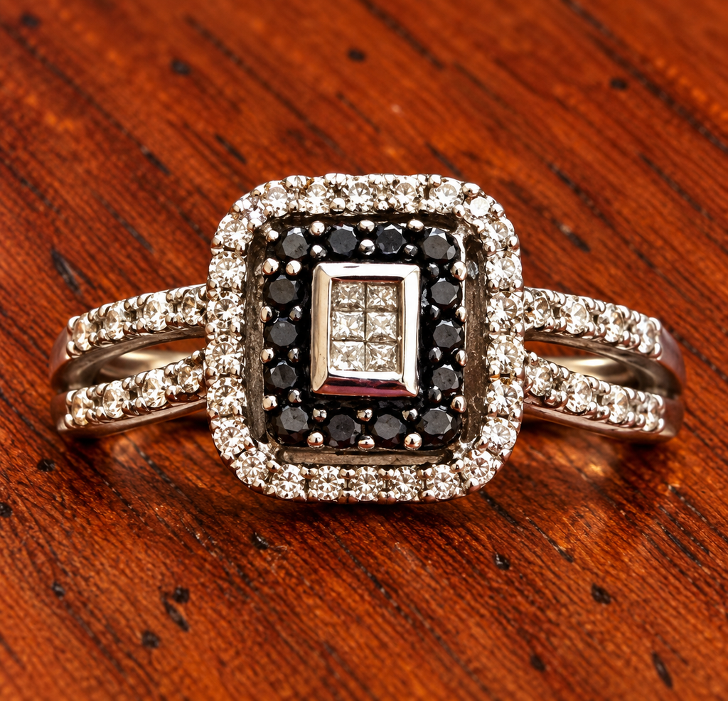 10K White Gold JWBR Black & White Diamond Ring & Necklace Set