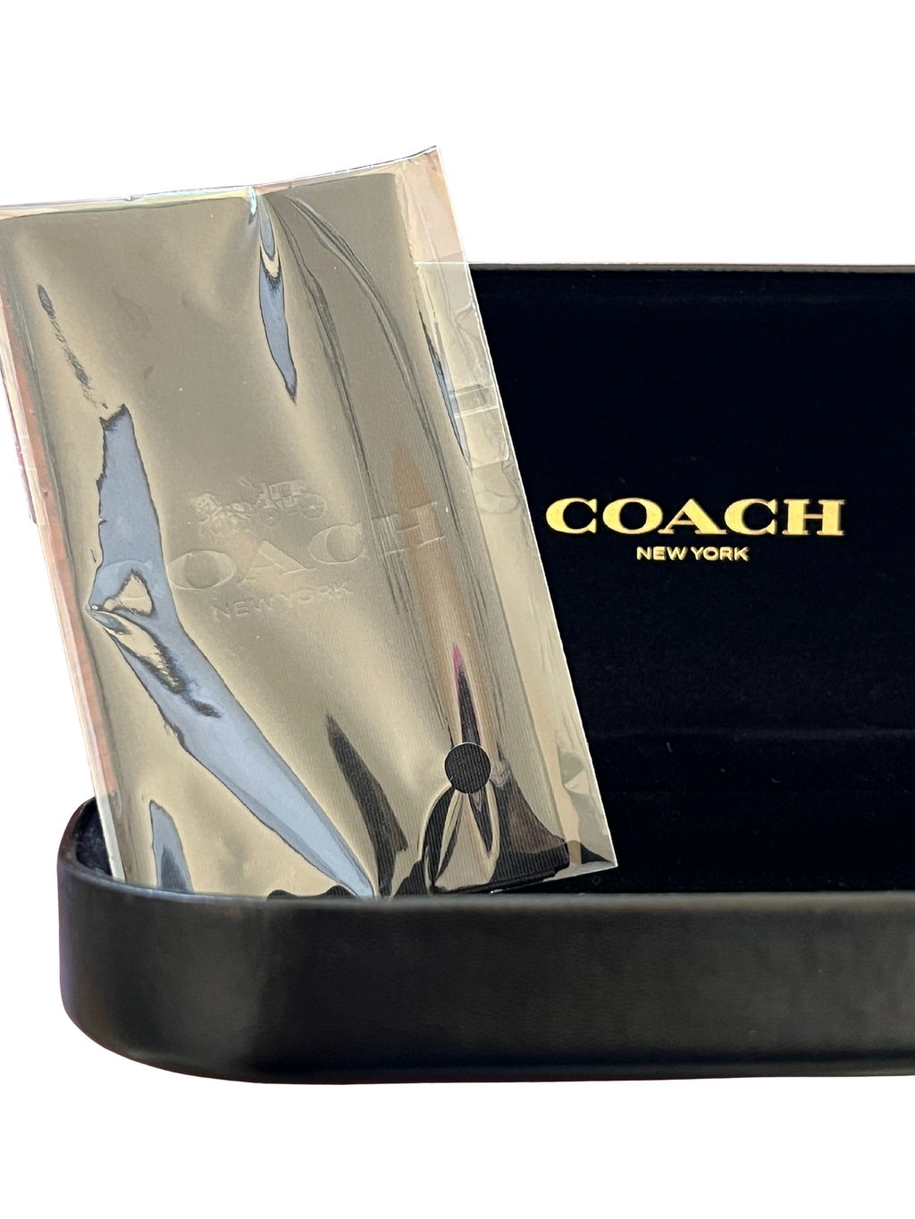 Authentic COACH Glasses Case Hard Shell w/ Sealed Cleaning Cloth – Black Leather-Like Exterior, Velvet Interior