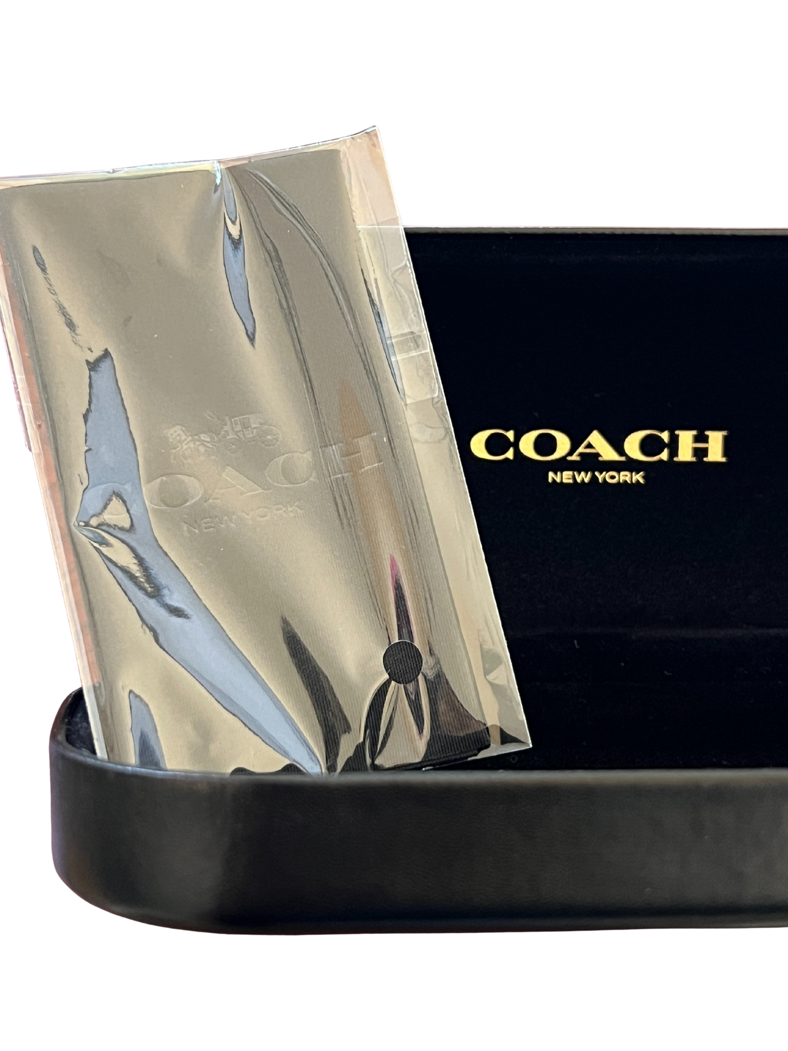 Authentic COACH Glasses Case Hard Shell w/ Sealed Cleaning Cloth – Black Leather-Like Exterior, Velvet Interior
