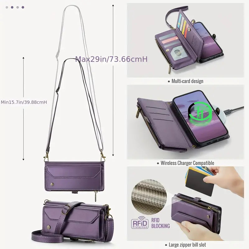 RFID Blocking Crossbody Wallet Phone Case for iPhone 15/14/13/12 Pro, 11/12/13/14/15/16e/XR | Wireless Charging Flip PU Leather Kickstand Card Holder