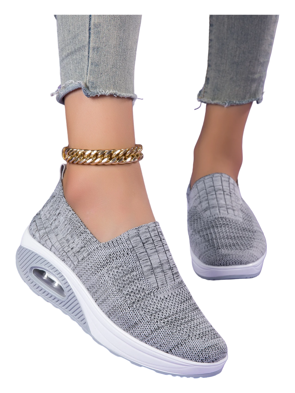 Women’s Walking Shoes - Mesh Air Cushion Slip-On Platform Wedge Rocker Shoes, Gray, Size 9.5