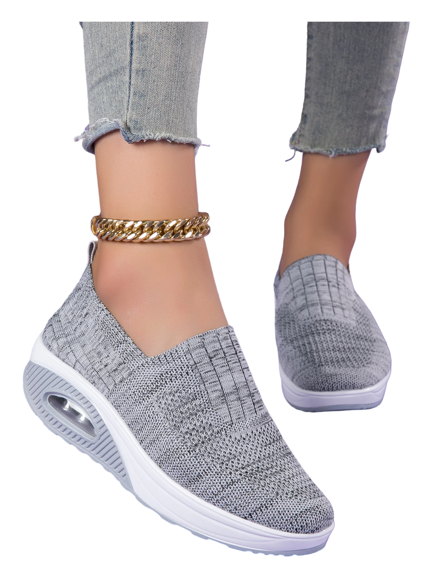 Women’s Walking Shoes - Mesh Air Cushion Slip-On Platform Wedge Rocker Shoes, Gray, Size 9.5