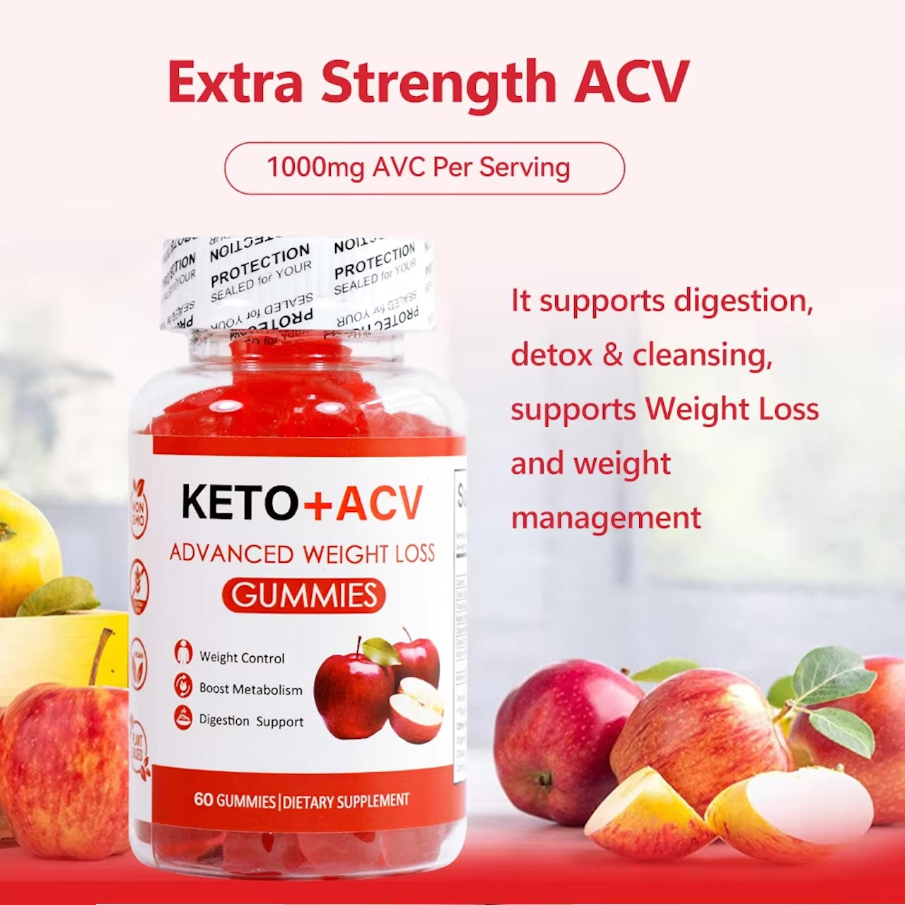 KETO+ACV Gummies Advanced Weight Loss, Boost Metabolism, 1000mg (Vitamins B9 & B12) – 60 Count