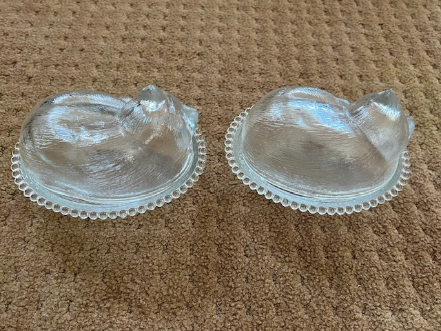 Set of 2 Vintage Indiana Glass Sleeping "Cat on a Nest" Candy Dish, Clear - A Whimsical Collectible for Cat Lovers