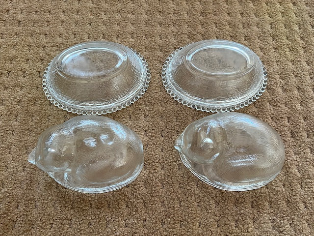 Set of 2 Vintage Indiana Glass Sleeping "Cat on a Nest" Candy Dish, Clear - A Whimsical Collectible for Cat Lovers