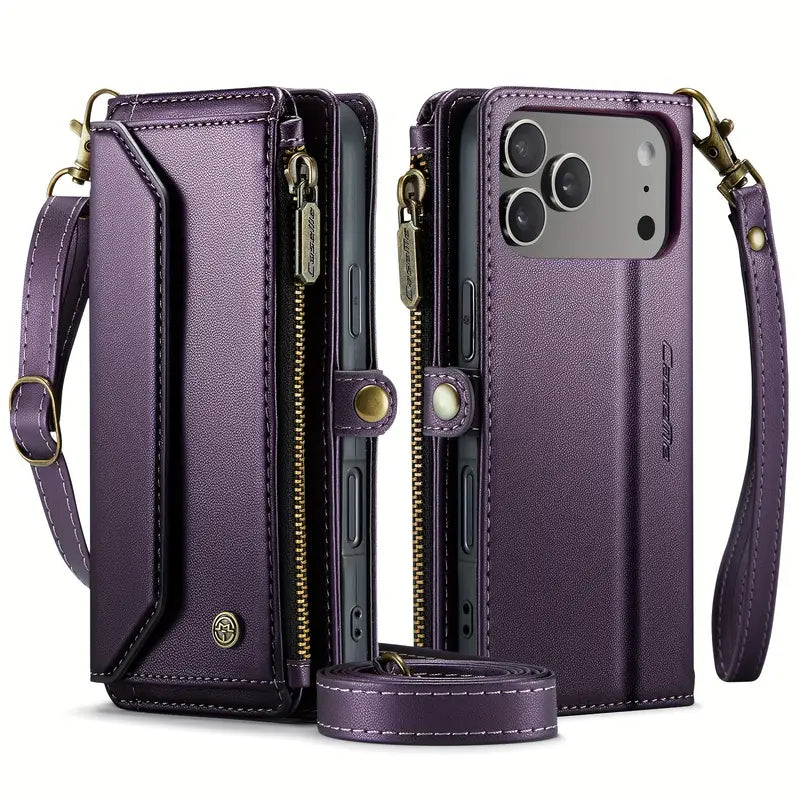RFID Blocking Crossbody Wallet Phone Case for iPhone 15/14/13/12 Pro, 11/12/13/14/15/16e/XR | Wireless Charging Flip PU Leather Kickstand Card Holder