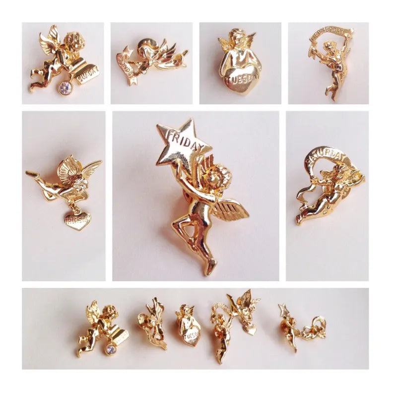 Vintage Two Sisters "Wear An Angel a Day to Keep Your Troubles Away" Guardian Angel Lapel Hat Pins Brooch - Set of 7 - Gold