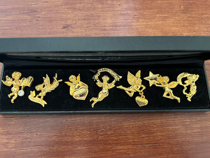 Vintage Two Sisters "Wear An Angel a Day to Keep Your Troubles Away" Guardian Angel Lapel Hat Pins Brooch - Set of 7 - Gold
