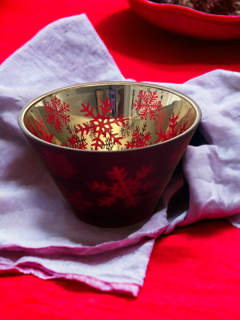 8" Ruby Red Decorative Serving Bowl Centerpiece Frosted Glass with Snowflakes