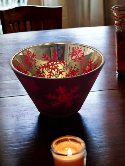 8" Ruby Red Decorative Serving Bowl Centerpiece Frosted Glass with Snowflakes