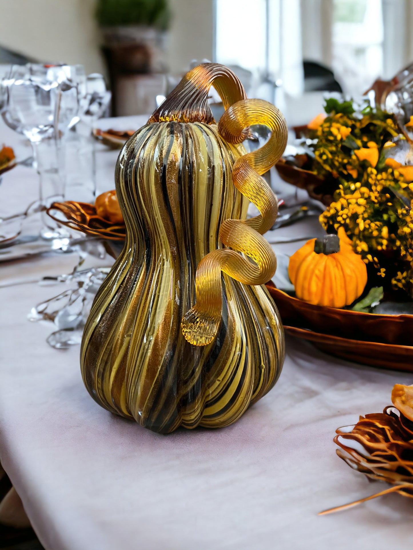 Amber Hand Blown Multi-Color Art Glass Pumpkin with Gold Sparkles (8.5" Sculpture)