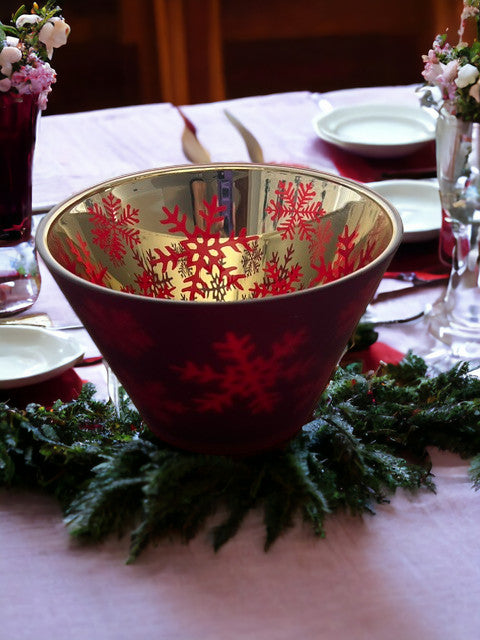 8" Ruby Red Decorative Serving Bowl Centerpiece Frosted Glass with Snowflakes