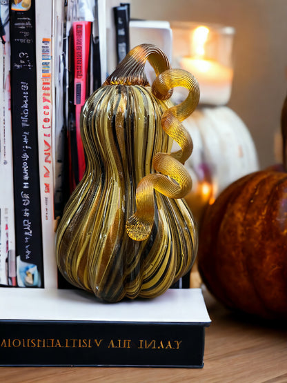 Amber Hand Blown Multi-Color Art Glass Pumpkin with Gold Sparkles (8.5" Sculpture)