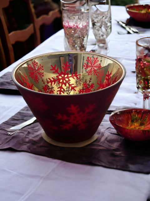 8" Ruby Red Decorative Serving Bowl Centerpiece Frosted Glass with Snowflakes
