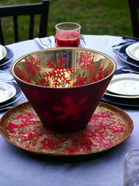8" Ruby Red Decorative Serving Bowl Centerpiece Frosted Glass with Snowflakes
