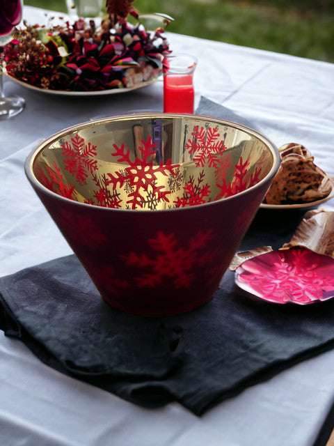 8" Ruby Red Decorative Serving Bowl Centerpiece Frosted Glass with Snowflakes